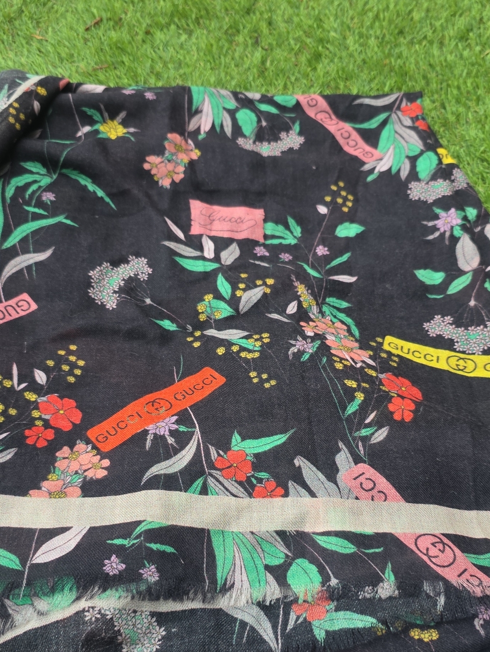 Gucci Black Floral Logo Scarf with Multicolor Blooms